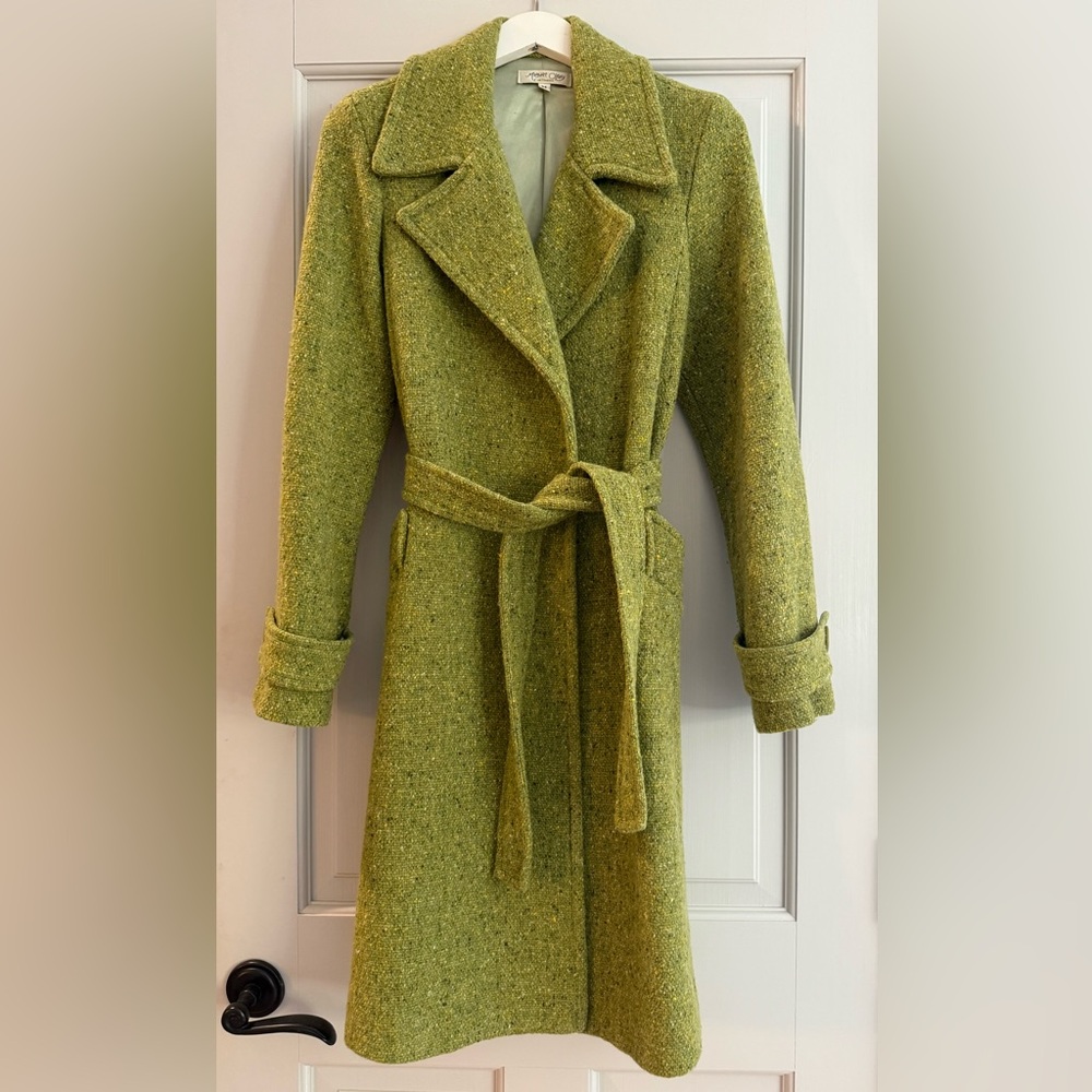 Margaret O'Leary Green Wool Blend 3/4 Length Wrap Coat, Sz M